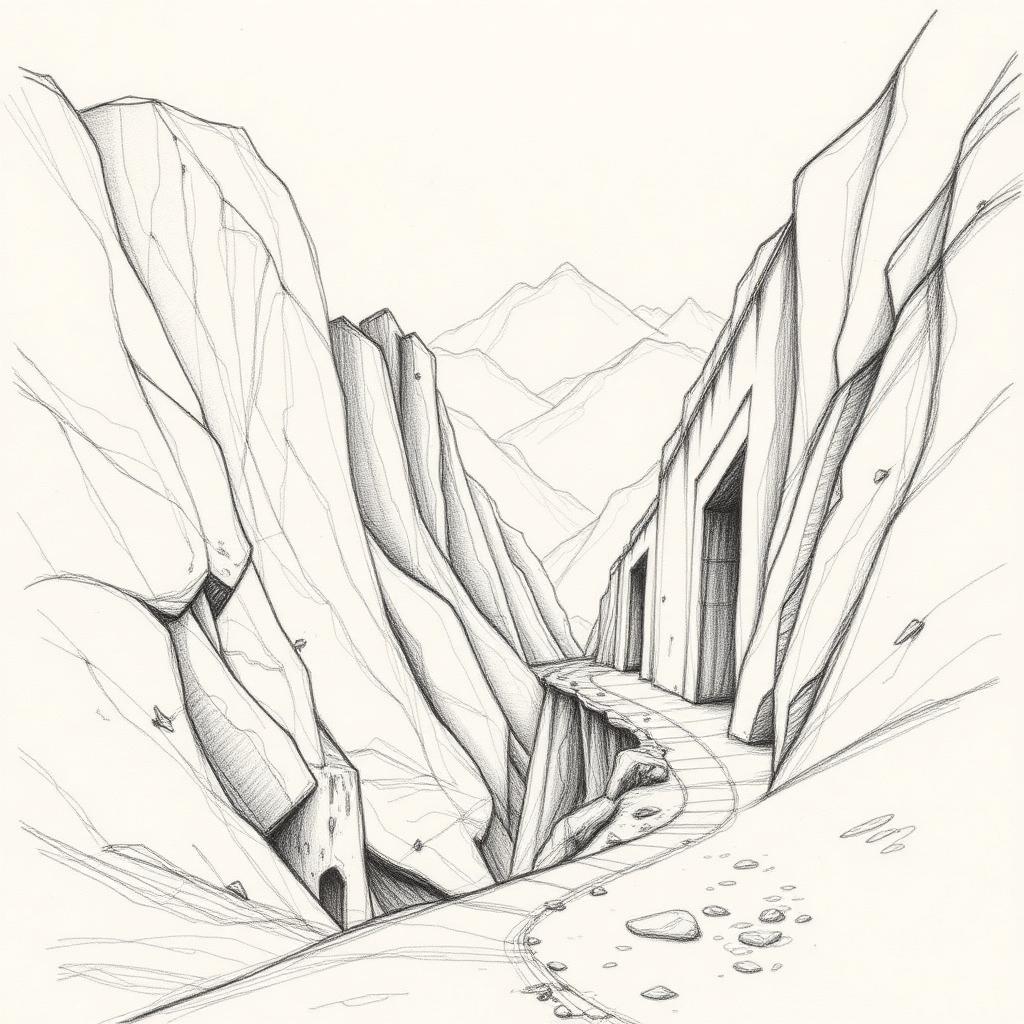 Pencil study of an ancient mountain pass and desert road